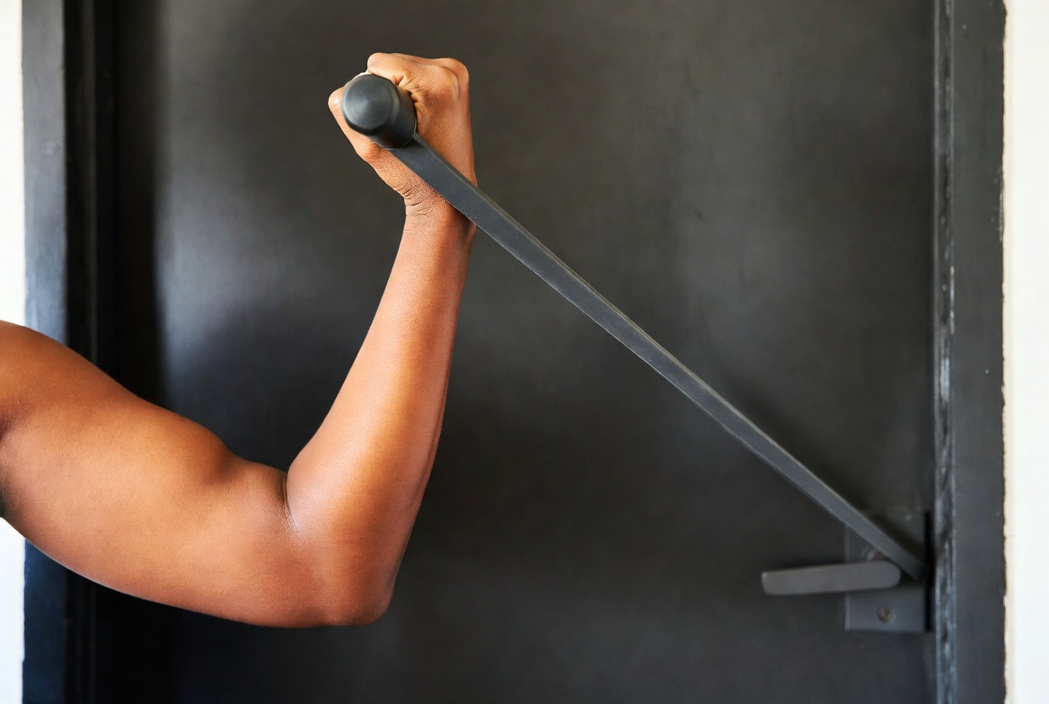Resistance band bicep curl anchored to door handle