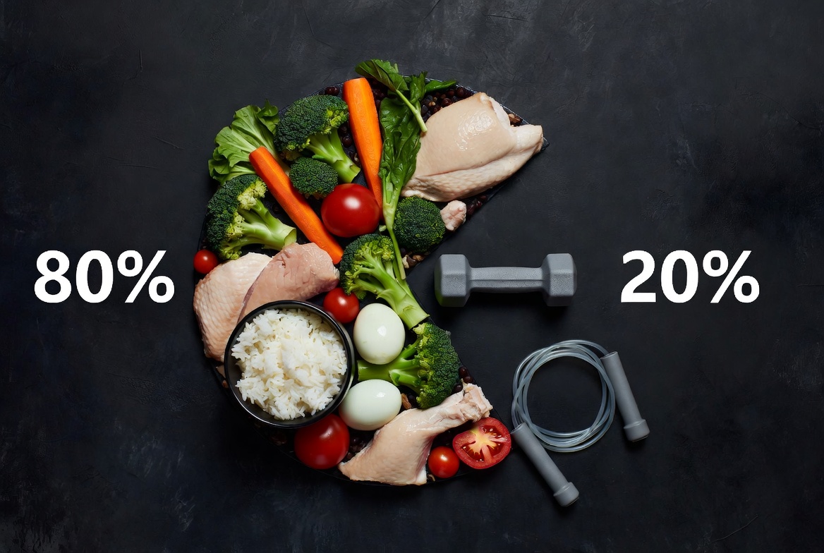 Pie chart made of real objects - 80 percent food 20 percent exercise