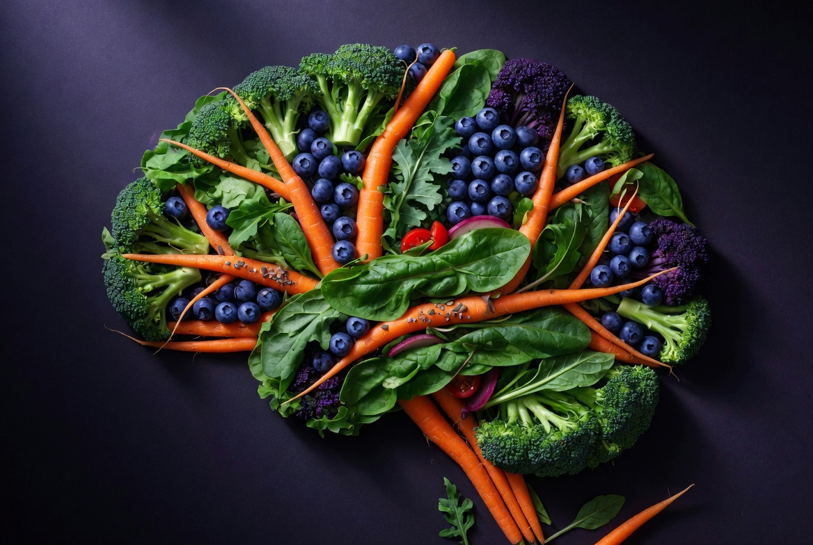 Abstract brain made of healthy food items on dark background