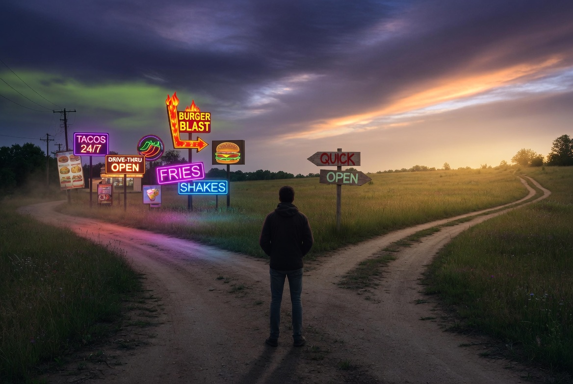 Person at a fork in the road between fast food and open field
