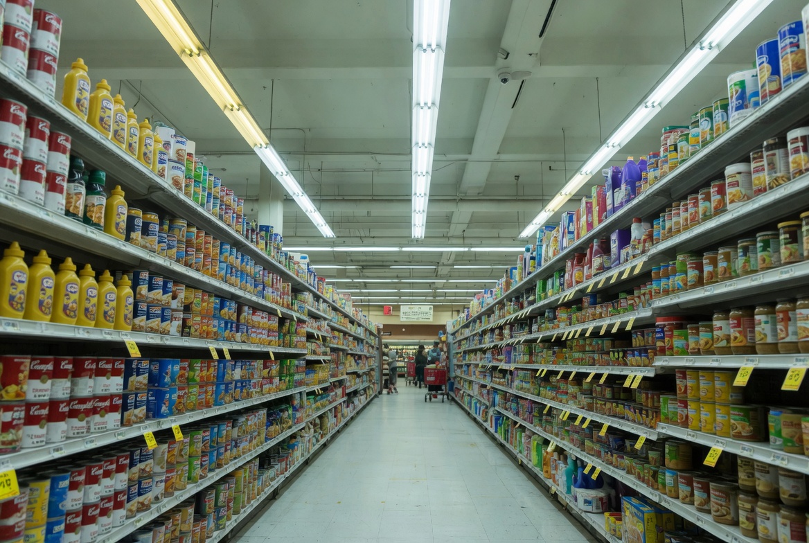 Grocery store aisle from low angle - towering shelves