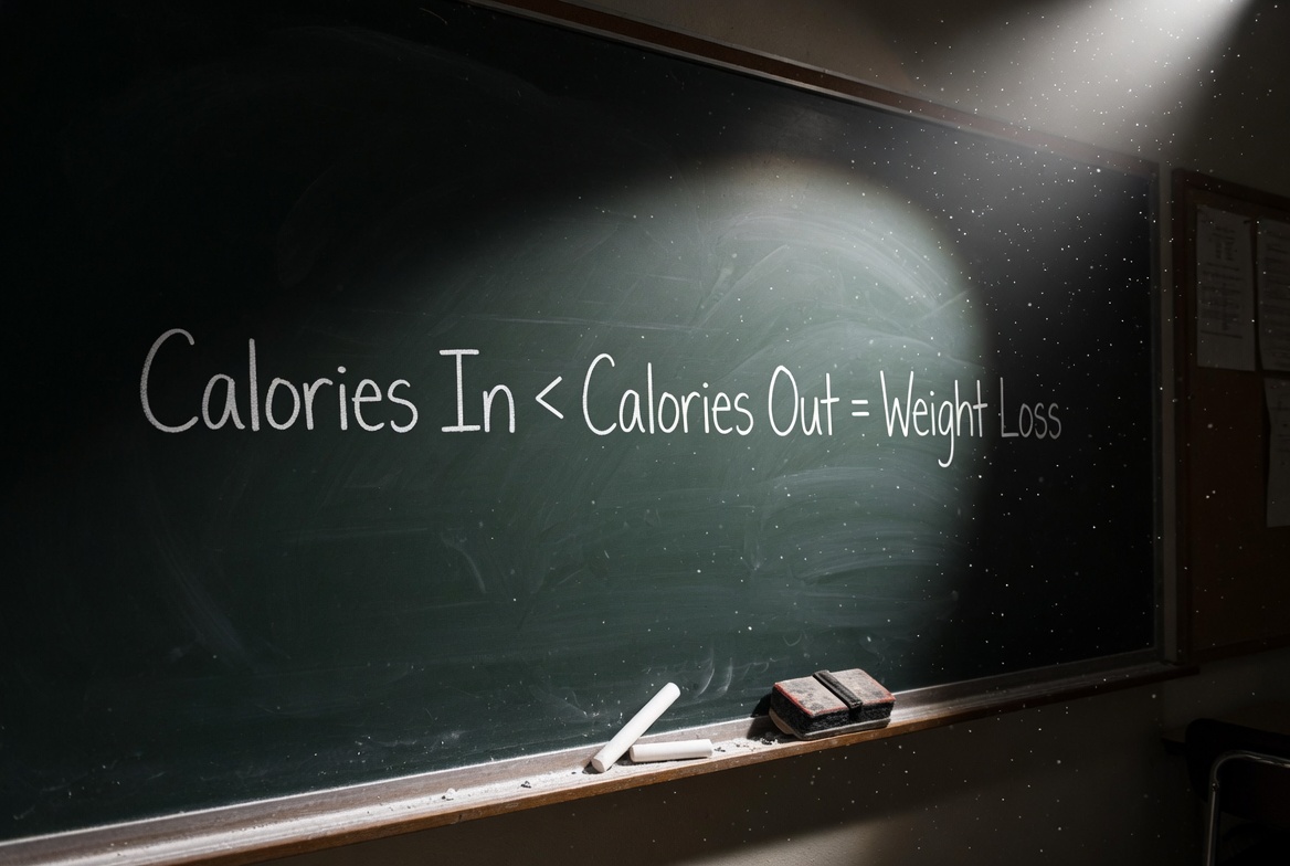 Chalkboard showing calories in less than calories out equation